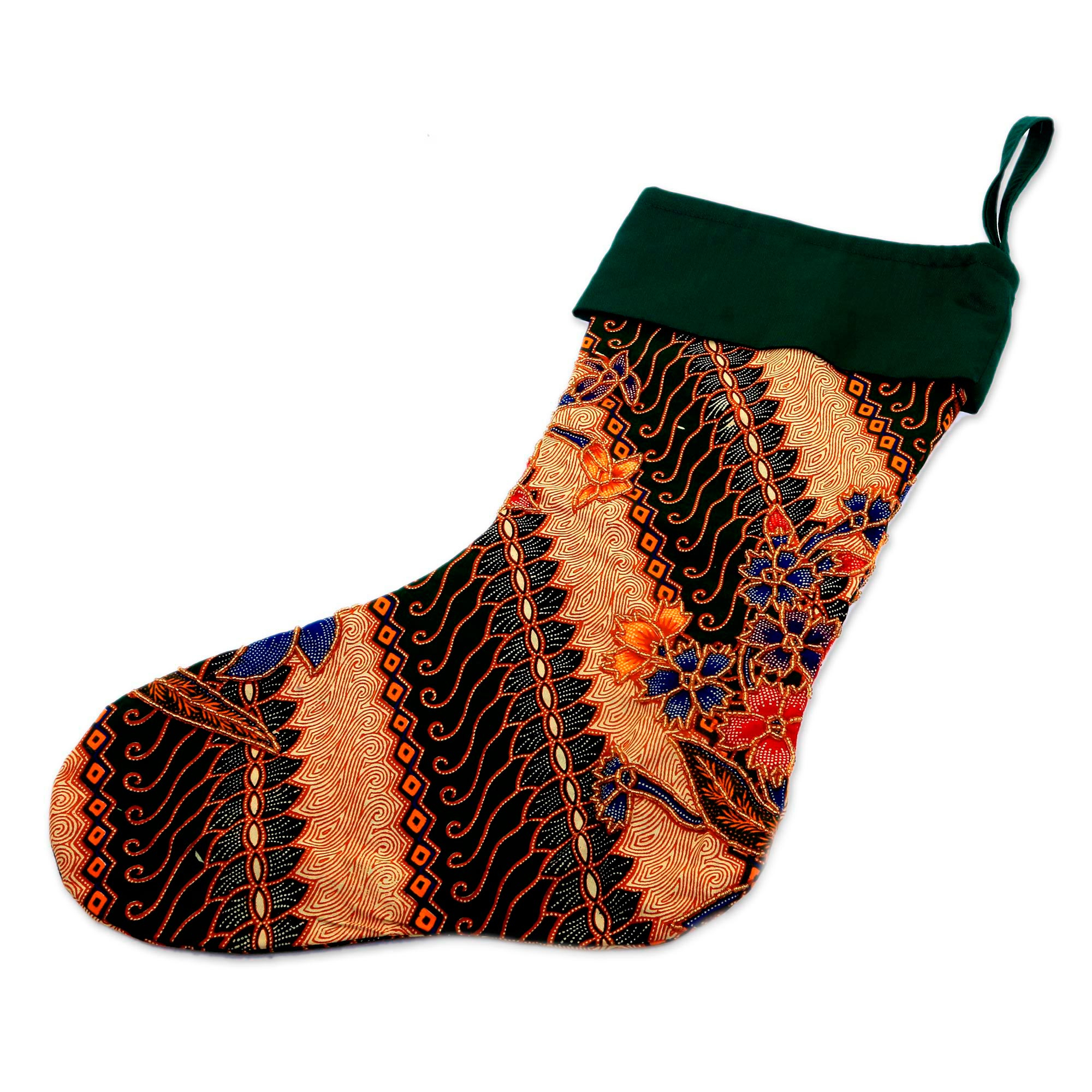 Batik Cotton Stocking in Midnight from Bali - Parang Holiday | NOVICA