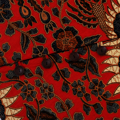 Falda del árbol de algodón con cuentas, 'Batik Christmas' - Falda de árbol roja, negra y dorada hecha a mano en Java