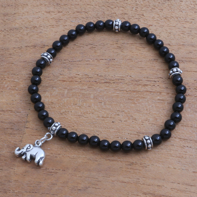 Onyx beaded stretch bracelet, 'Elephant Dangle' - Onyx Elephant Beaded Stretch Bracelet from Bali