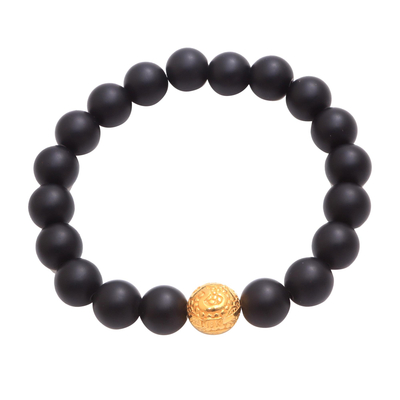 Gold Plated Om Onx Beaded Stretch Bracelet from Bali