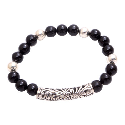 Onyx Beaded Stretch Pendant Bracelet from Bali