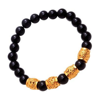 Men's gold accented onyx beaded stretch bracelet, 'Batur Heritage' - Men's Gold Accented Onyx Beaded Stretch Bracelet from Bali