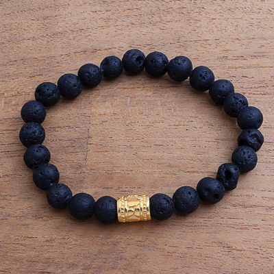 Mens gold accented lava stone beaded stretch bracelet, Batur Pebbles