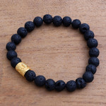 Men's gold accented lava stone beaded stretch bracelet, 'Batur Pebbles' - Men's Gold Accent Lava Stone Beaded Stretch Bracelet
