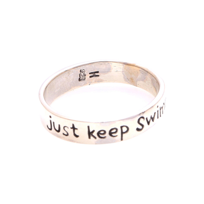 Sterling silver band ring, 'Just Keep Swimming' - Inspirational Sterling Silver Band Ring from Bali