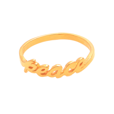 Gold plated sterling silver band ring, 'Gleaming Peace' - Peace-Themed Gold Plated Sterling Silver Band Ring from Bali
