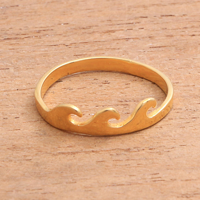 Gold plated sterling silver band ring, 'Indonesian Waves' - Wave Motif Gold Plated Sterling Silver Band Ring from Bali