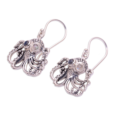 Rainbow moonstone dangle earrings, 'Gleaming Octopuses' - Rainbow Moonstone Octopus Dangle Earrings from Bali