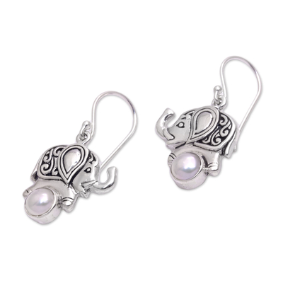 Cultured pearl dangle earrings, 'Elephant Soccer' - Cultured Pearl Elephant Dangle Earrings from Bali