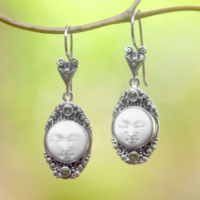 Peridot dangle earrings, 'Face of the Soul' - Peridot Face Motif Dangle Earrings from Bali