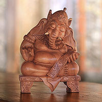 Wood sculpture, 'Meditating Ganesha'