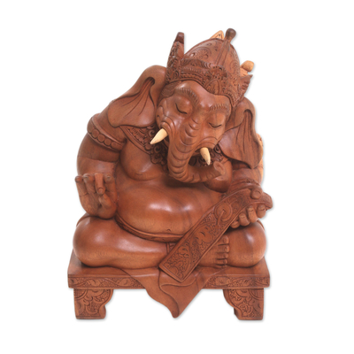Holzskulptur - Handgefertigte traditionelle Ganesha-Skulptur aus Suar-Holz aus Bali