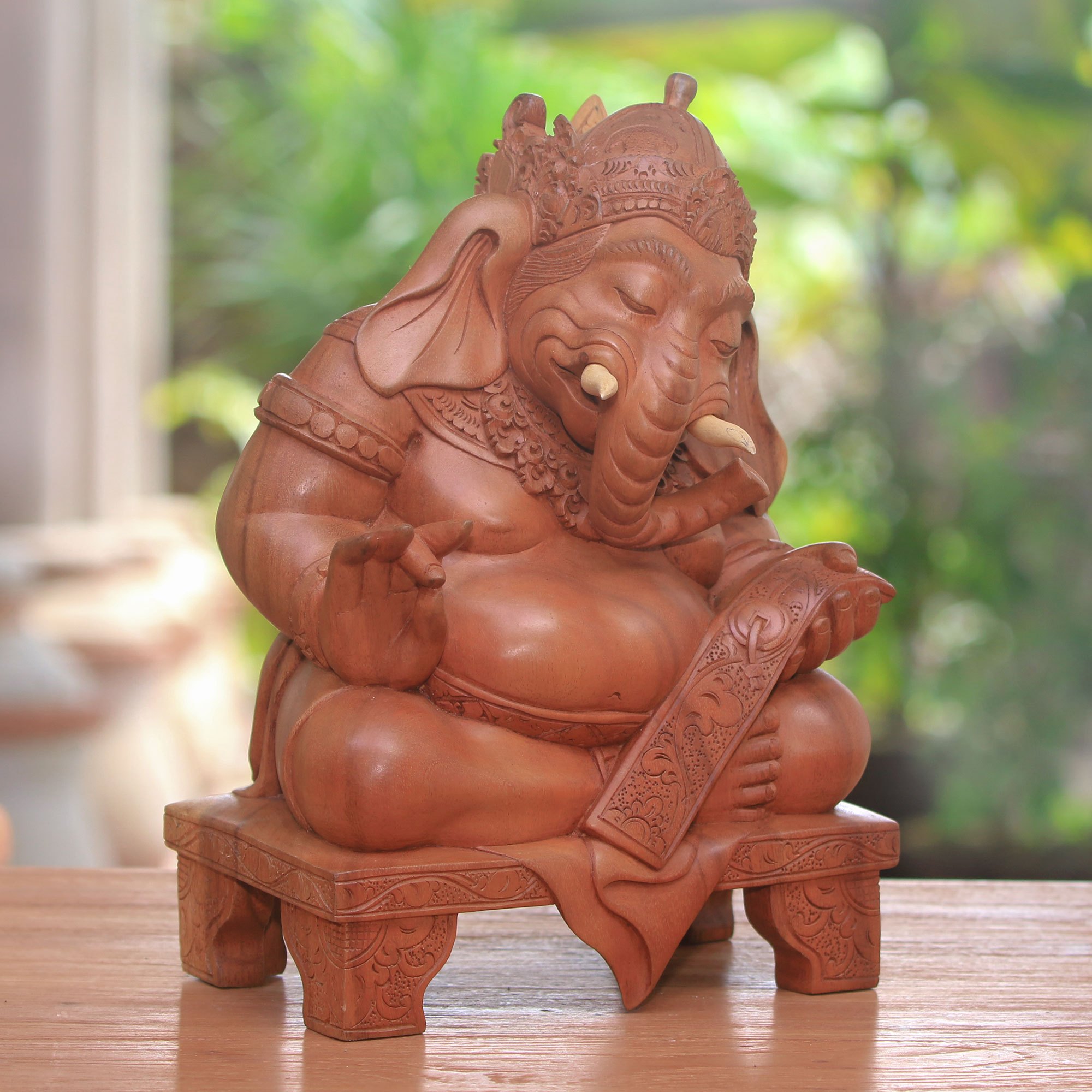 Handmade Traditional Suar Wood Ganesha Sculpture from Bali Meditating