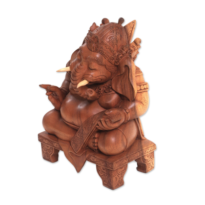 Wood sculpture, 'Meditating Ganesha' - Handmade Traditional Suar Wood Ganesha Sculpture from Bali