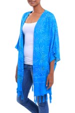 Batik rayon kimono jacket, 'Under the Palms' - Turquoise Hand Batik Bamboo Leaf Motif Rayon Kimono Jacket