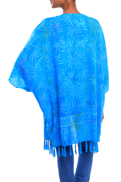 Batik rayon kimono jacket, 'Under the Palms' - Turquoise Hand Batik Bamboo Leaf Motif Rayon Kimono Jacket