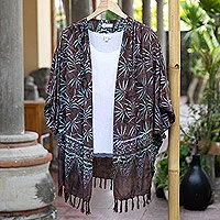 Batik rayon kimono jacket, 'Denpasar Lady in Brown' - Leaf Motif Batik Rayon Kimono Jacket in Brown from Bali