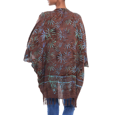Kimonojacke aus Batik-Rayon - Batik-Rayon-Kimonojacke mit Blattmotiv in Braun aus Bali