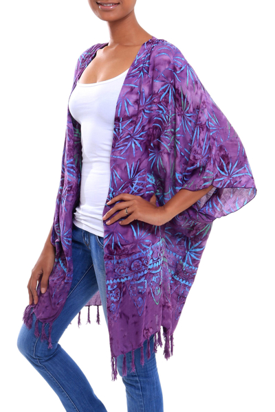 Batik rayon kimono jacket, 'Denpasar Lady in Wisteria' - Leaf Motif Batik Rayon Kimono Jacket in Wisteria from Bali