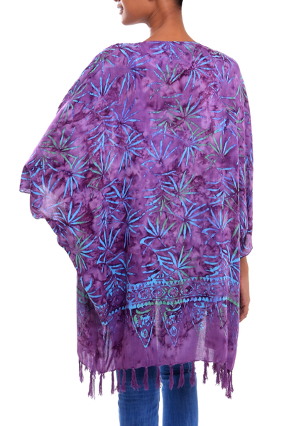 Batik rayon kimono jacket, 'Denpasar Lady in Wisteria' - Leaf Motif Batik Rayon Kimono Jacket in Wisteria from Bali