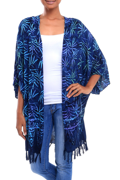 Leaf Motif Batik Rayon Kimono Jacket in Blue from Bali