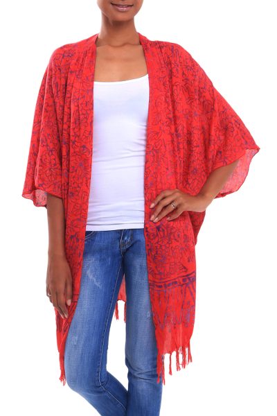 Batik rayon kimono jacket, 'Denpasar Garden' - Floral Batik Rayon Kimono Jacket in Poppy from Bali
