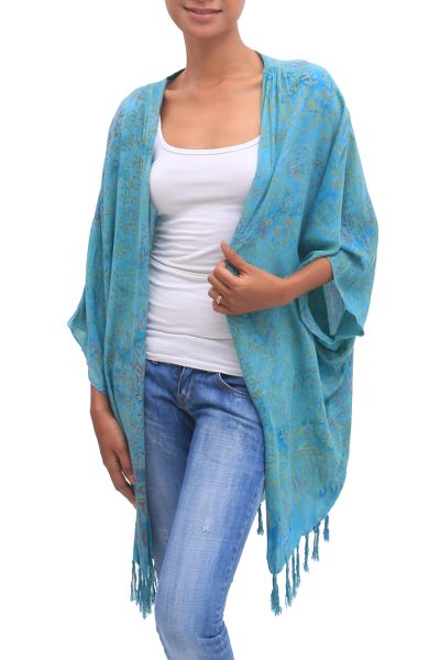 Batik rayon kimono jacket, 'Denpasar Elegance' - Batik Rayon Kimono Jacket in Blue from Bali
