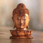 Wood sculpture, 'Buddha and Lotus' - Wood Sculpture of Buddha's Head on a Lotus Flower from Bali