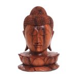 Wood sculpture, 'Buddha and Lotus' - Wood Sculpture of Buddha's Head on a Lotus Flower from Bali