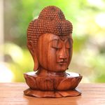 Wood sculpture, 'Buddha and Lotus' - Wood Sculpture of Buddha's Head on a Lotus Flower from Bali