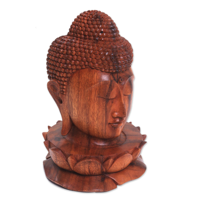 Wood sculpture, 'Buddha and Lotus' - Wood Sculpture of Buddha's Head on a Lotus Flower from Bali