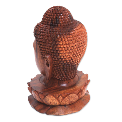 Holzskulptur - Holzskulptur von Buddhas Kopf auf einer Lotusblume aus Bali