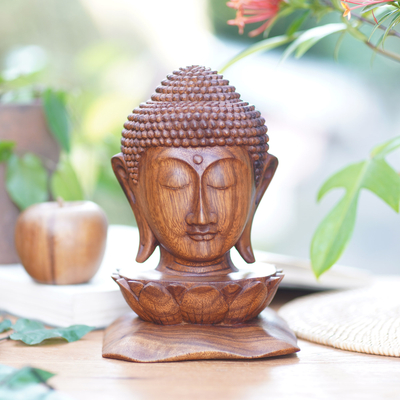 Wood sculpture, 'Buddha and Lotus' - Wood Sculpture of Buddha's Head on a Lotus Flower from Bali