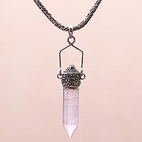 Collar colgante de cuarzo y amatista, 'Precious Amulet' - Collar de amuleto de plata esterlina con amatista y cuarzo transparente