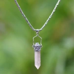 Quartz and amethyst pendant necklace, 'Precious Amulet' - Sterling Silver Amethyst and Clear Quartz Amulet Necklace