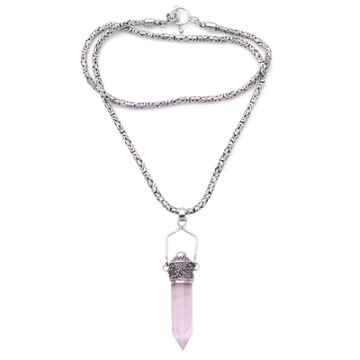 Quartz and amethyst pendant necklace, 'Precious Amulet' - Sterling Silver Amethyst and Clear Quartz Amulet Necklace