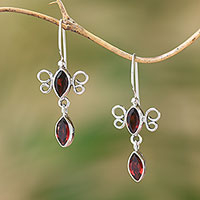 Garnet dangle earrings, 'Crimson Rainfall' - Sterling Silver and Garnet Red Raindrop Dangle Earrings