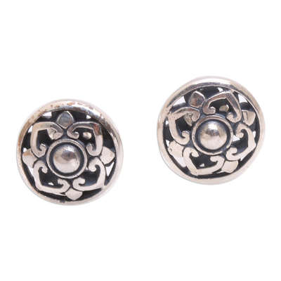 Sterling silver stud earrings, 'Lotus Kingdom' - Handcrafted Round Sterling Silver Lotus Flower Stud Earrings