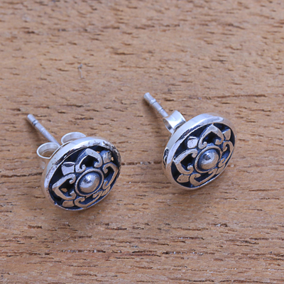 Sterling silver stud earrings, 'Lotus Kingdom' - Handcrafted Round Sterling Silver Lotus Flower Stud Earrings