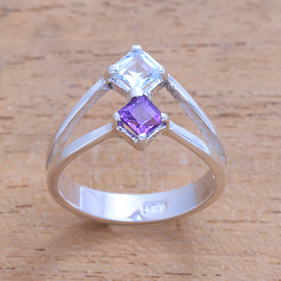 Blue topaz and amethyst cocktail ring, 'Twinkling Twilight' - Amethyst and Blue Topaz Sterling Silver Cocktail Ring