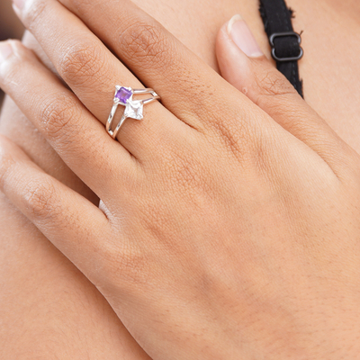Blue topaz and amethyst cocktail ring, 'Twinkling Twilight' - Amethyst and Blue Topaz Sterling Silver Cocktail Ring