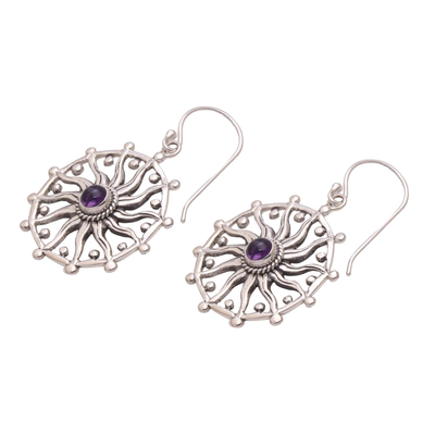 Amethyst dangle earrings, 'Regal Rays' - Sun Motif Amethyst Dangle Earrings from Bali