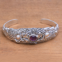 Amethyst cuff bracelet, 'Blazing Basuki' - Dragon-Themed Amethyst Cuff Bracelet from Bali