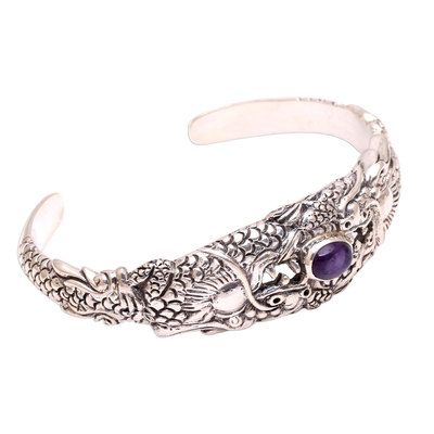 Amethyst cuff bracelet, 'Blazing Basuki' - Dragon-Themed Amethyst Cuff Bracelet from Bali