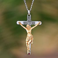 Garnet pendant necklace, 'INRI Crucifix' - Garnet and Bone Crucifix Pendant Necklace from Bali