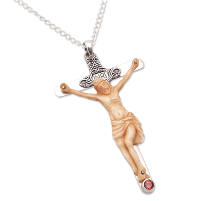 Garnet pendant necklace, 'INRI Crucifix' - Garnet and Bone Crucifix Pendant Necklace from Bali