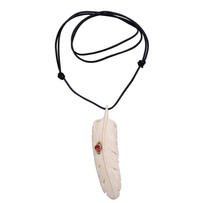 Garnet Leather and Carved Bone Feather Pendant Necklace