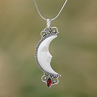 Garnet and bone pendant necklace, 'Natural Moonlight' - Garnet and Bone Crescent Moon Pendant Necklace from Bali