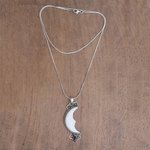 Garnet and bone pendant necklace, 'Natural Moonlight' - Garnet and Bone Crescent Moon Pendant Necklace from Bali