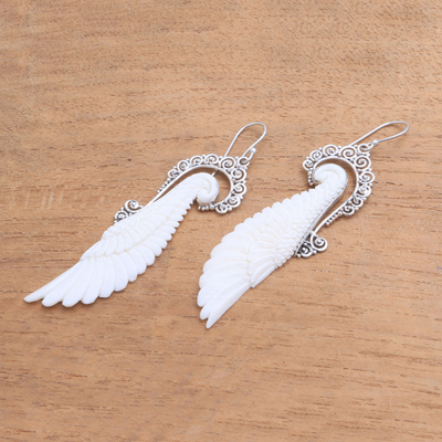 Sterling silver and bone dangle earrings, 'Ready to Fly' - Sterling Silver and Bone Wing Dangle Earrings from Bali